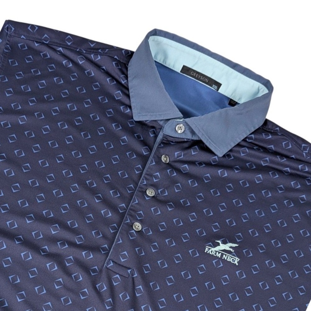 Greyson Mens XXL Farm Neck Golf Polo Shirt Navy Blue Diamond Print Performance